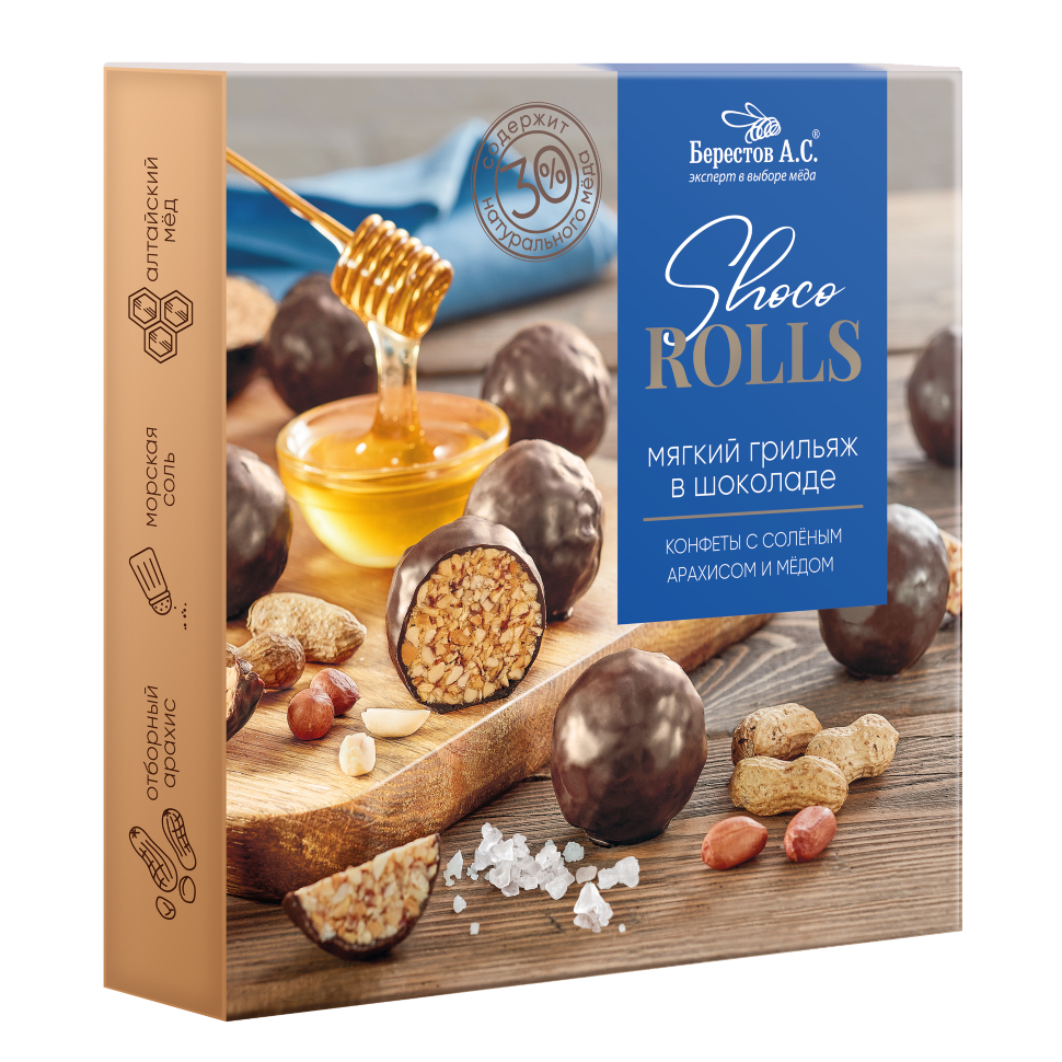  Берестов Shoco Rolls конфеты с арахисом, солью и медом, 135г   в Воронеже