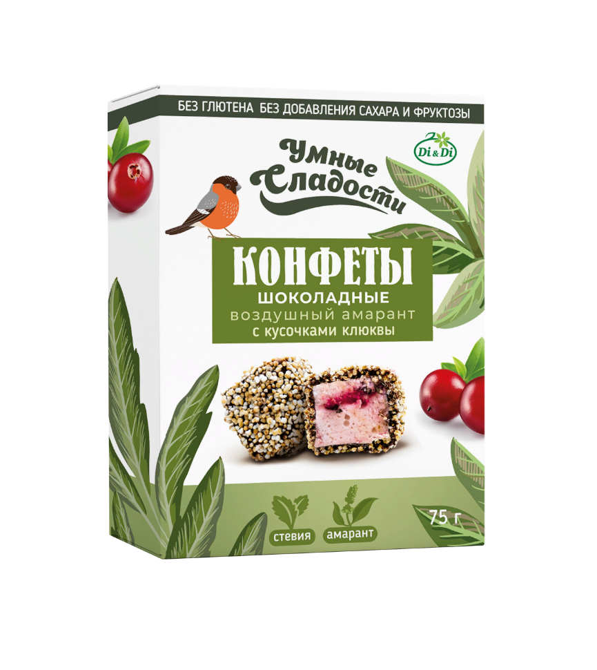 Умные сладости Конфеты шоколадные воздушный амарант с кусочками клюквы, 75г,  в Воронеже