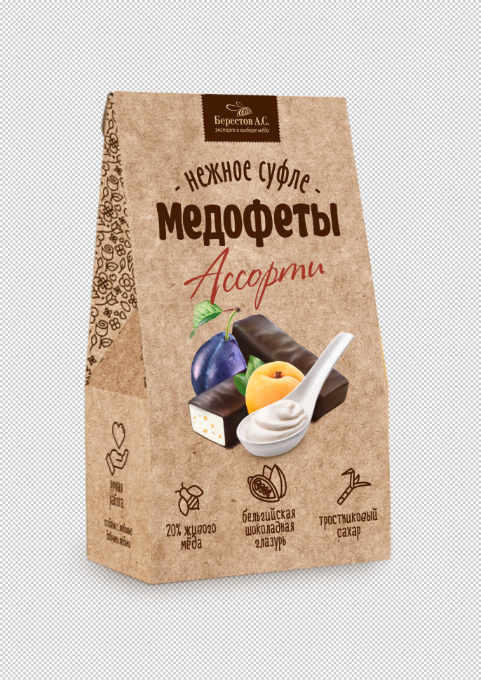  Берестов АКЦИЯ!!! Медофеты Ассорти с йогуртом/курагой/черносливом и медом,(Коробка 10шт*150г)    в Воронеже